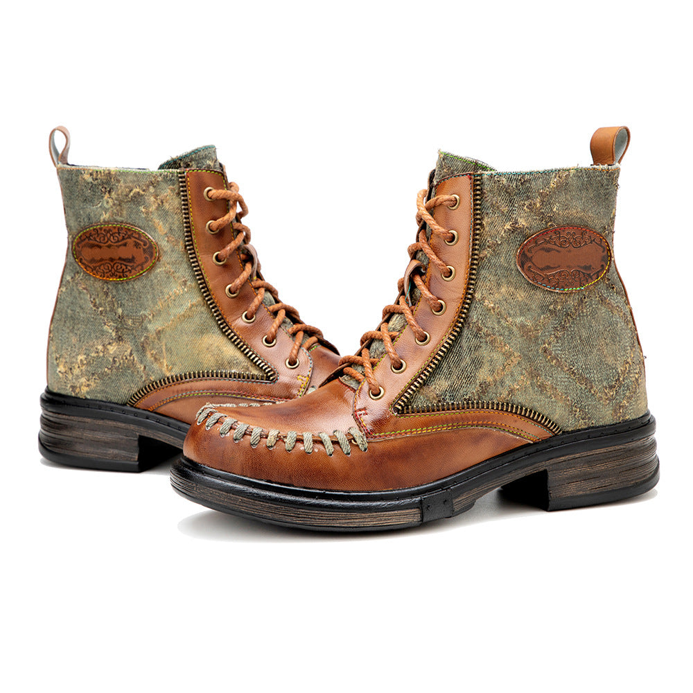 Women's Vintage Distressed Denim Sheepskin Ankle Boots Side Zipper Lace Up Combat Booties