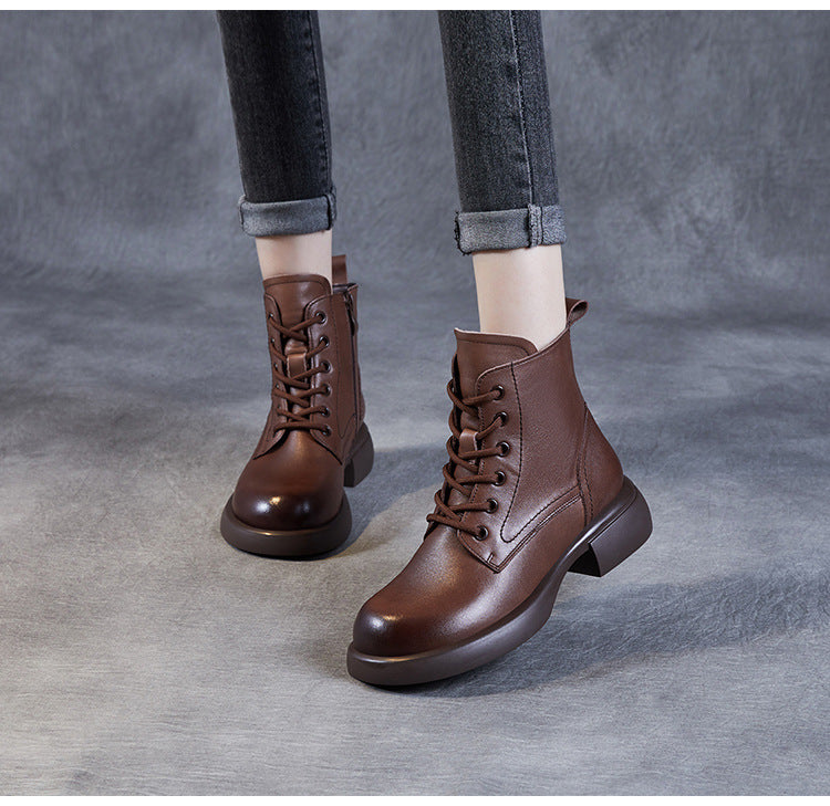 Women's Genuine Leather Lace-Up Side Zip Ankle Boots – Casual & Versatile