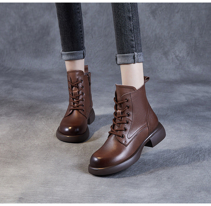 Women's Genuine Leather Lace-Up Side Zip Ankle Boots – Casual & Versatile