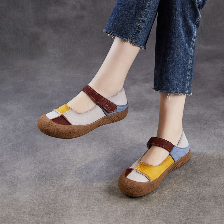 Women’s Leather Colour-Block Mary Jane Flats – Retro Soft Sole Shoes