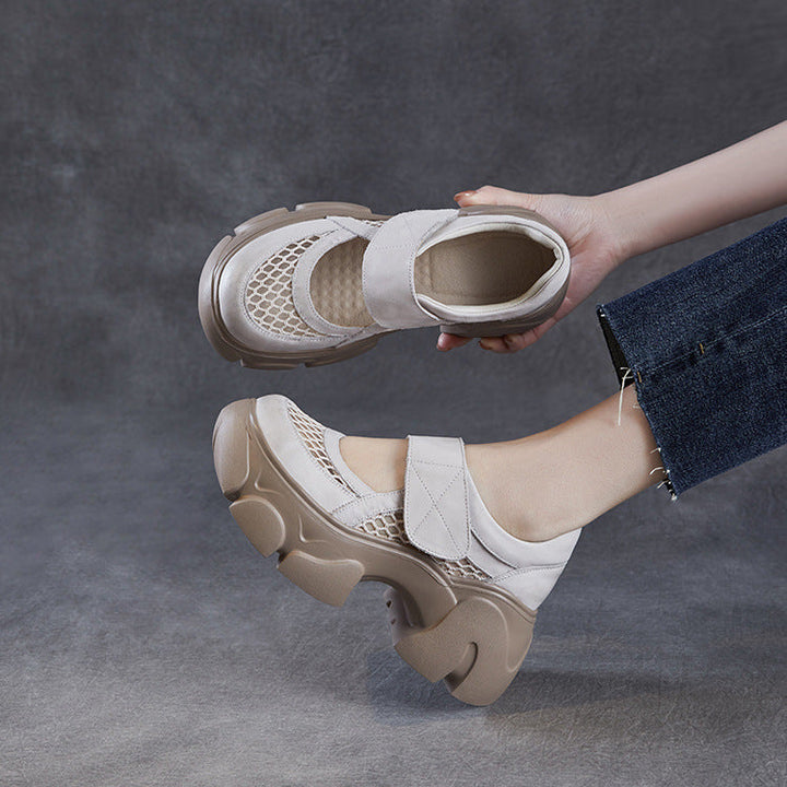Women's Leather Platform Mary Janes - Mesh Hollow Out Breathable Closed Chunky Sole Sneakers with Velcro
