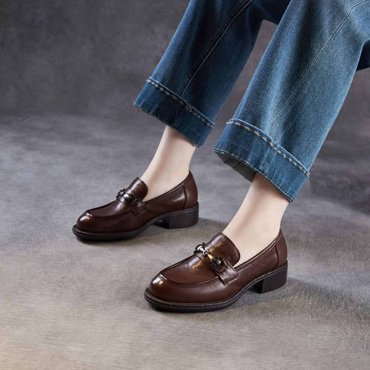 Women's Genuine Leather Casual Shoes Spring Fall Dress Buckle Slip-on Loafers