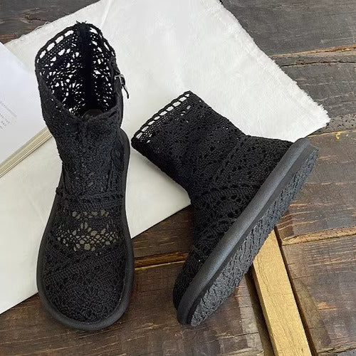 Women's Summer Literary Style Lace Side Zipper Wide Toe Box Short Boots