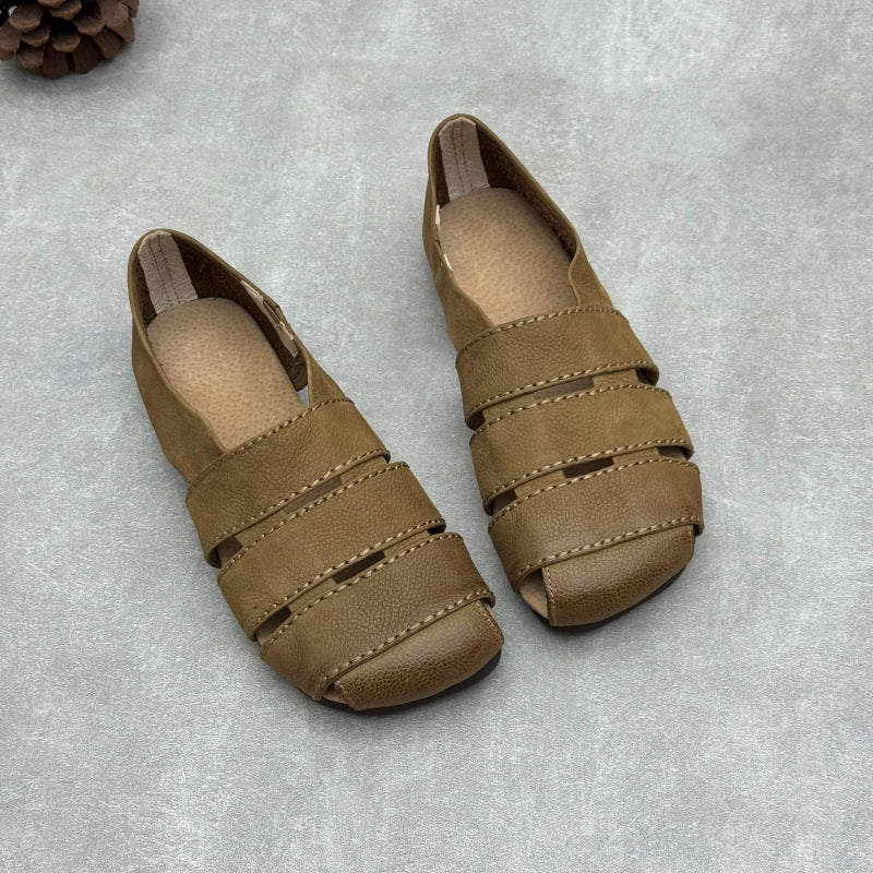 Women's Leather Hollow-Out Fisherman Sandals Casual Summer Retro Square Toe Shoes