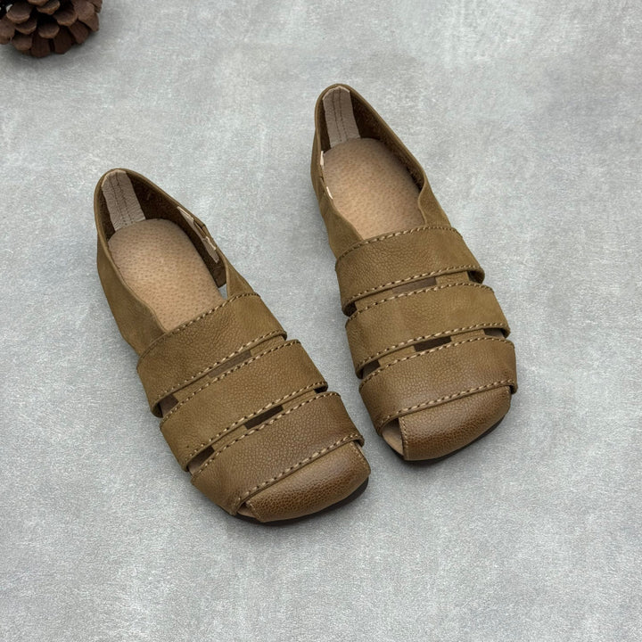 Women's Leather Hollow-Out Fisherman Sandals Casual Summer Retro Square Toe Shoes
