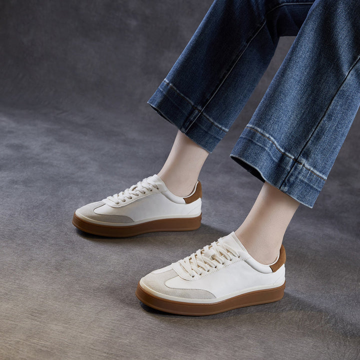 Womens Retro Cowhide Suede Patchwork Sneakers Vintage Round Toe Gum Sole Lace-up Flats