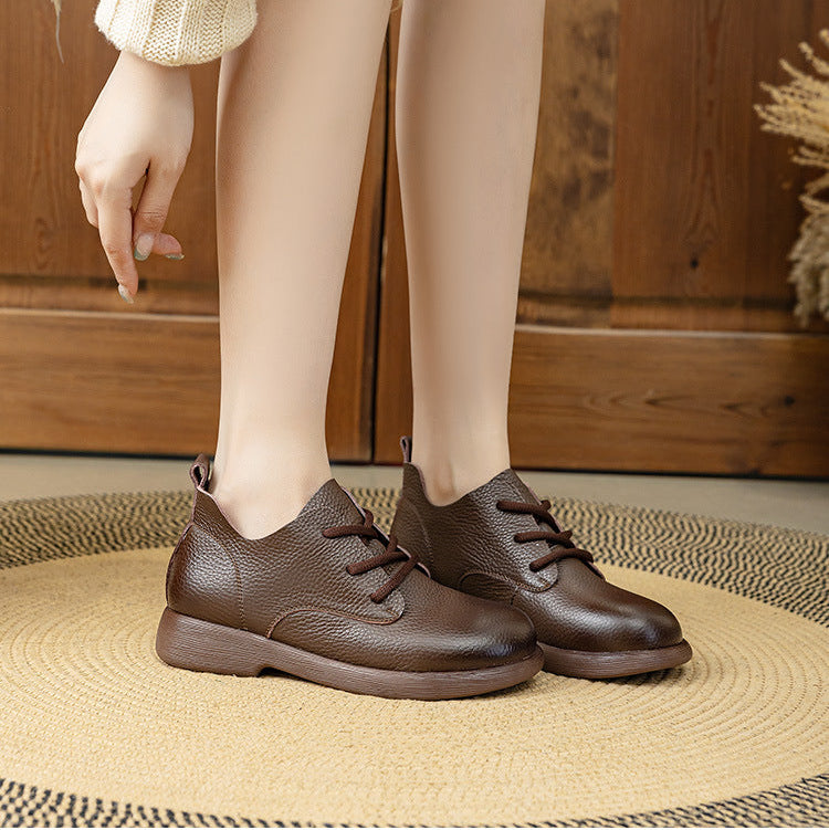 Women's Leather Oxfords - Pebble Grain Textured Round Toe Lace-Up Casual Shoes Comfort Walking Flats