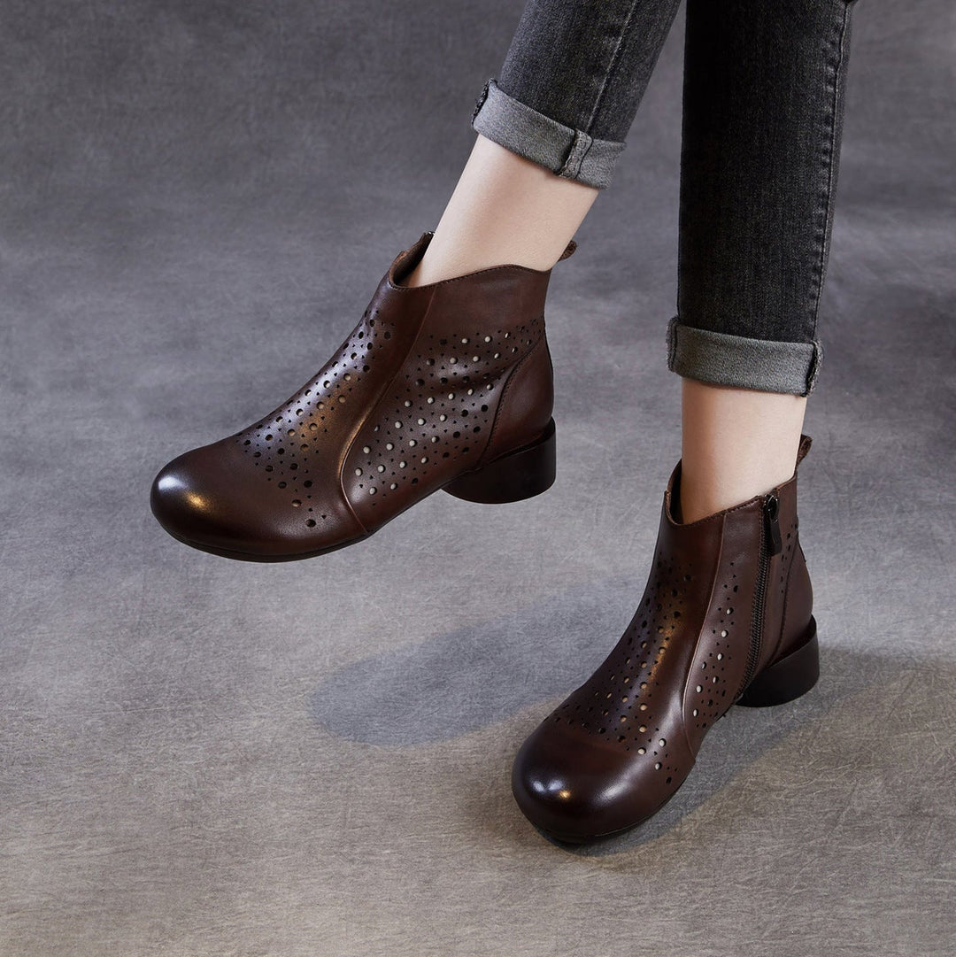 Women’s Summer Breathable Cut-Out Leather Boots – Retro Mid Heel Sandals