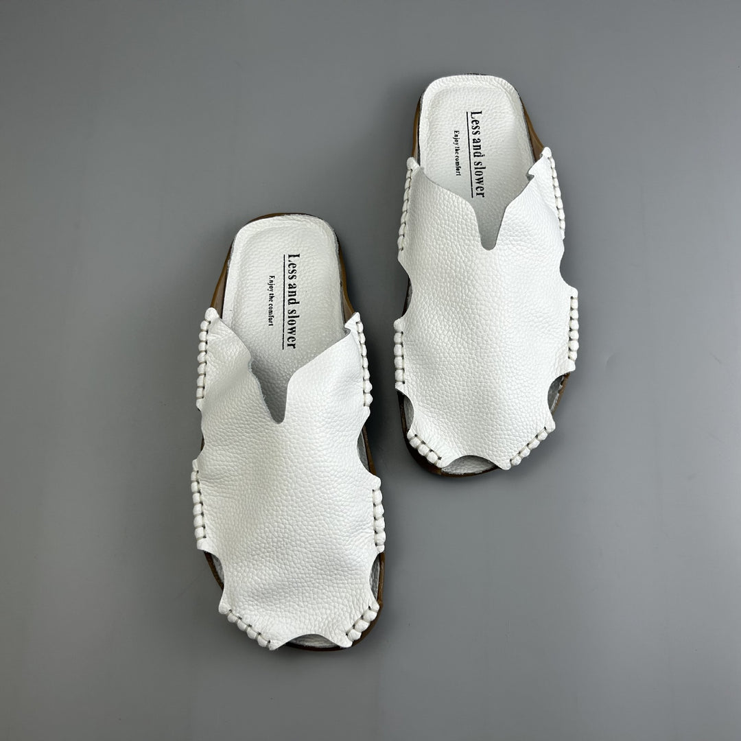 Women's Leather Mules - Soft Hand-Stitched Pebble Grain Flat Sandals Casual Summer Slip-On Slides