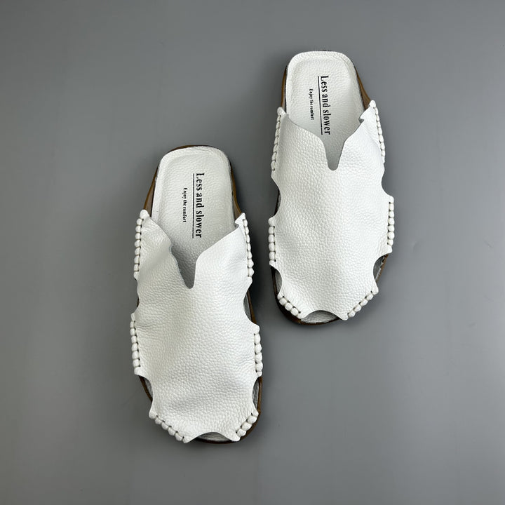 Women's Leather Mules - Soft Hand-Stitched Pebble Grain Flat Sandals Casual Summer Slip-On Slides