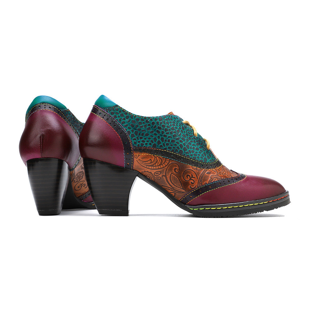 Women's Vintage Patchwork Sheepskin Oxford Pumps Square Toe Lace Up Chunky Heel Shoes