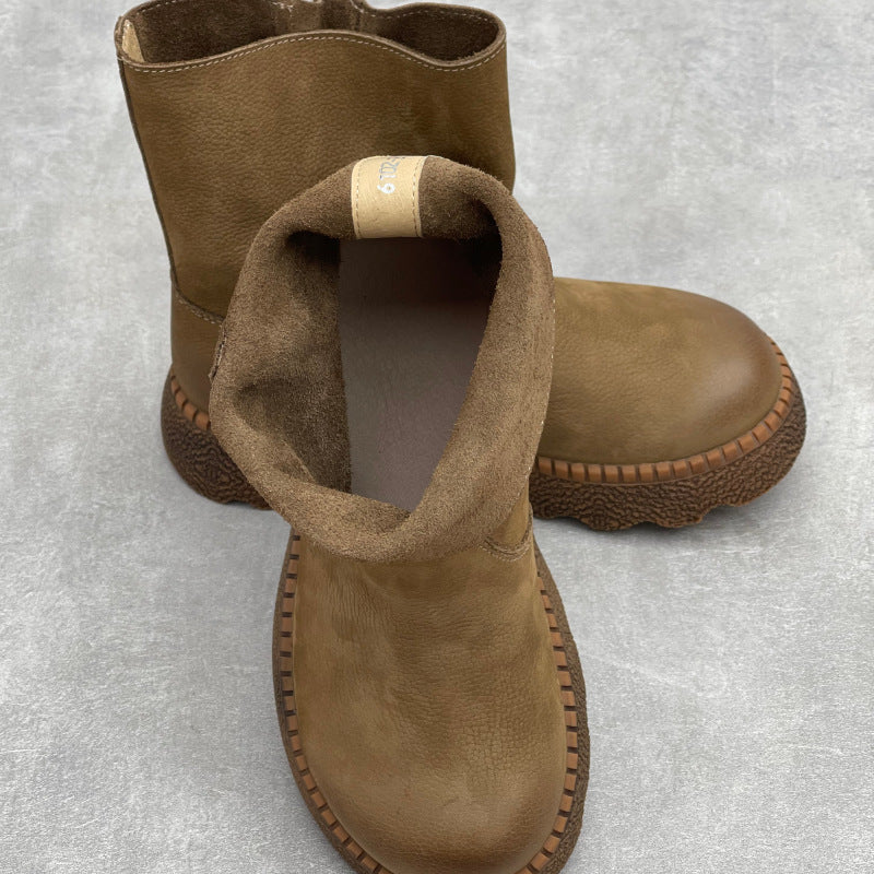 Women's Vintage Leather Mid-Calf Slip On Platform Booties Round Toe Chunky Sole Walking Shoes