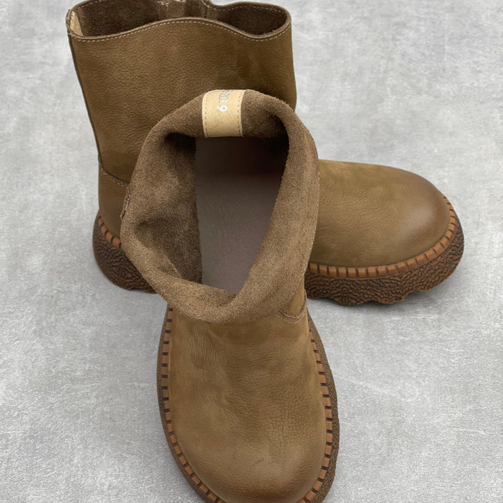 Women's Vintage Leather Mid-Calf Slip On Platform Booties Round Toe Chunky Sole Walking Shoes