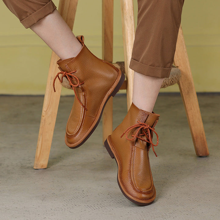 Women's Handmade Vintage Soft Leather Flat Lace-Up Ankle Boots Comfort Fit