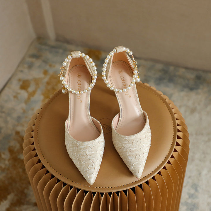Women's Pearl Wedding Shoes for Bride High Heels Pointed Toe Satin Pumps