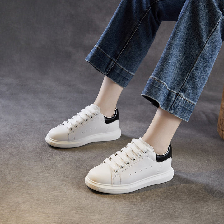 Women's Leather Casual Sneakers Spring Fall Round Toe Lace-up Platform Shoes
