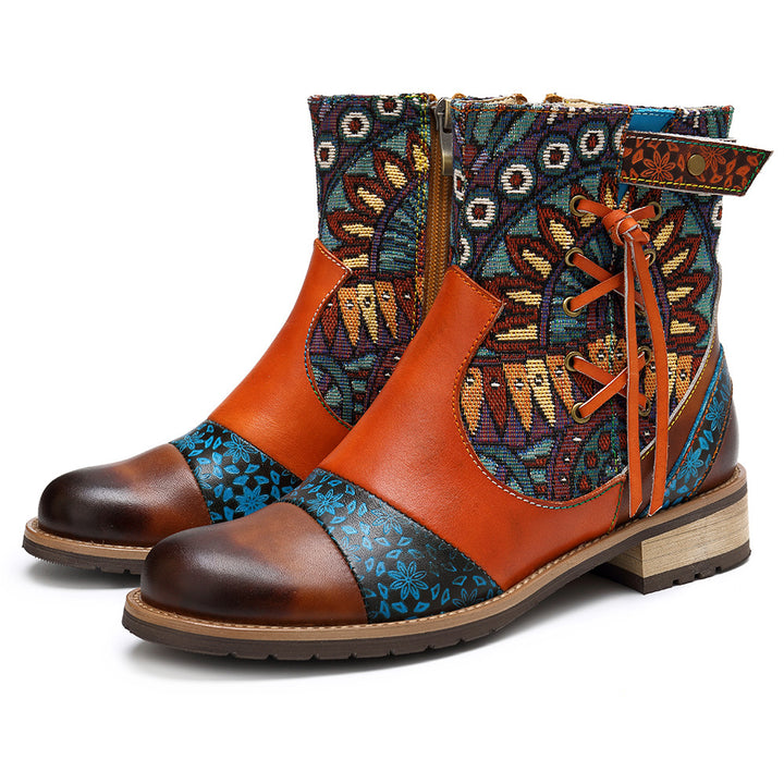 Women's Printed Leather Jacquard Ankle Boots Zipper Non-slip Low Boots