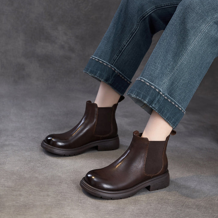 Women's Genuine Leather Chelsea Ankle Boots Vintage Slip-on Low Heel Winter Shoes