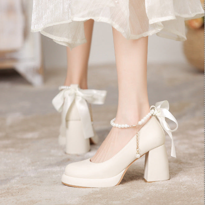 Women's Platform Pump - Block High Heel with Bow & Pearl Details