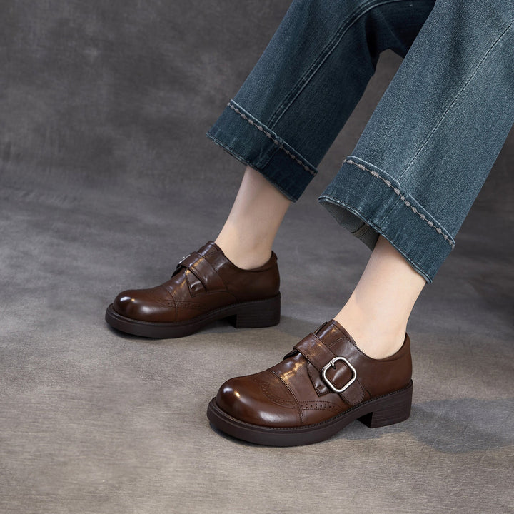 Women's Genuine Leather Chunky Platform Monk Strap Loafers Vintage Brogue Slip-on Shoes