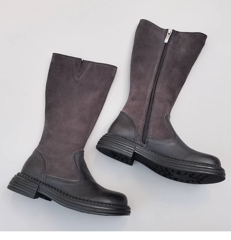 Women's Wide Toe Box Vintage Leather Suede Patchwork Knee-High Boots Wide Fit Flat Riding Boots