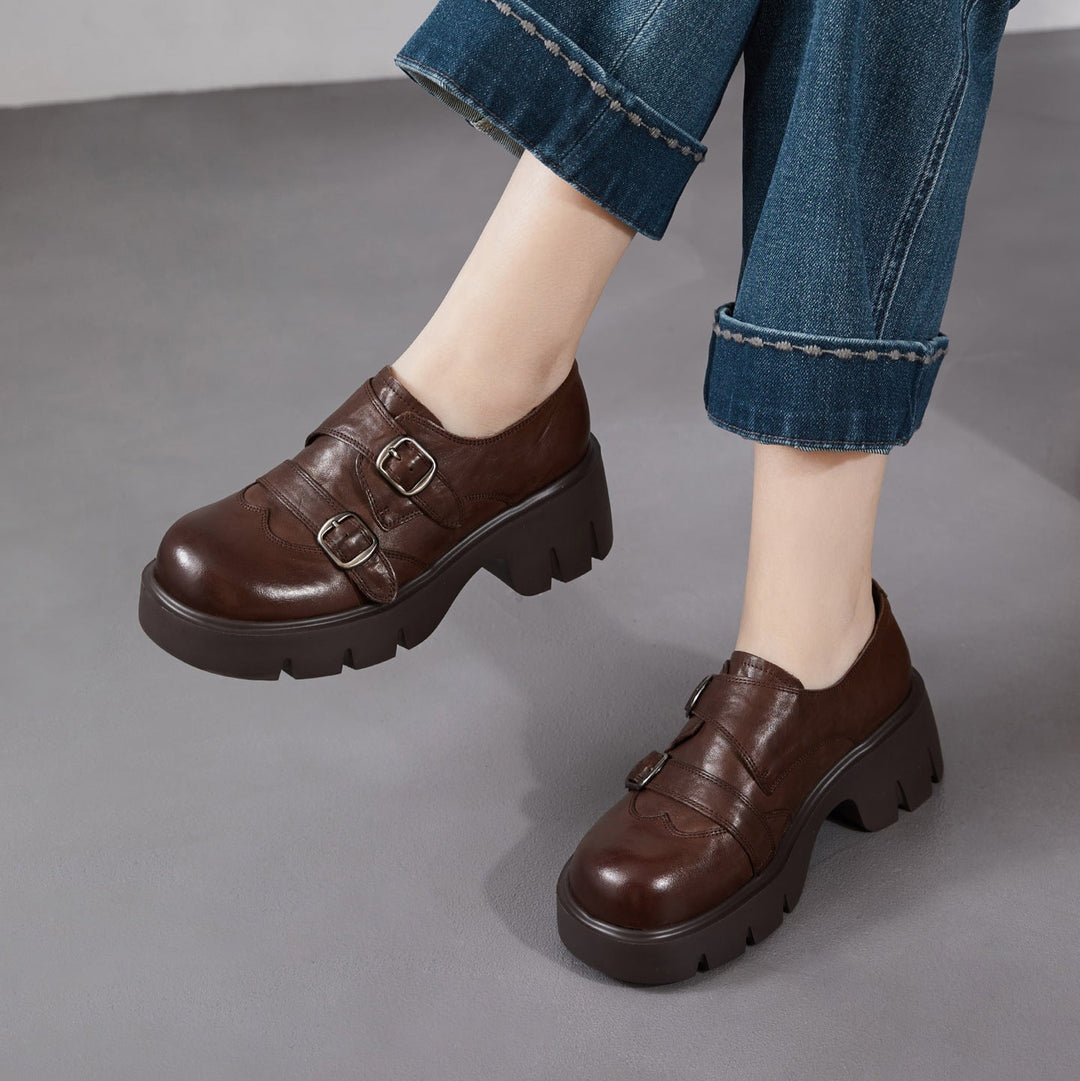 Women’s Retro Round Toe Derby Shoes – British Style Platform Loafers with Buckle