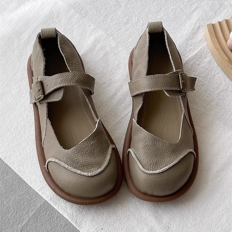 Women's Soft Leather Casual Flat Mary Jane Shoes with Buckle