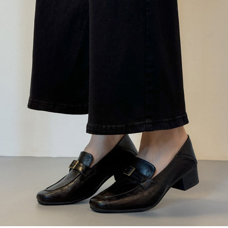 Women's Premium Leather Loafers - Square Toe Vintage Buckle Strap Chunky Heel Pumps