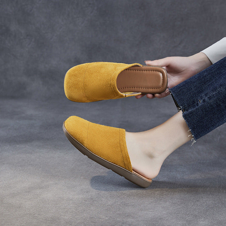 Women's Minimalist Nubuck Mules - Round-Toe Flat with Slip-On Ease