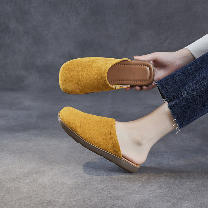 Women's Minimalist Nubuck Mules - Round-Toe Flat with Slip-On Ease