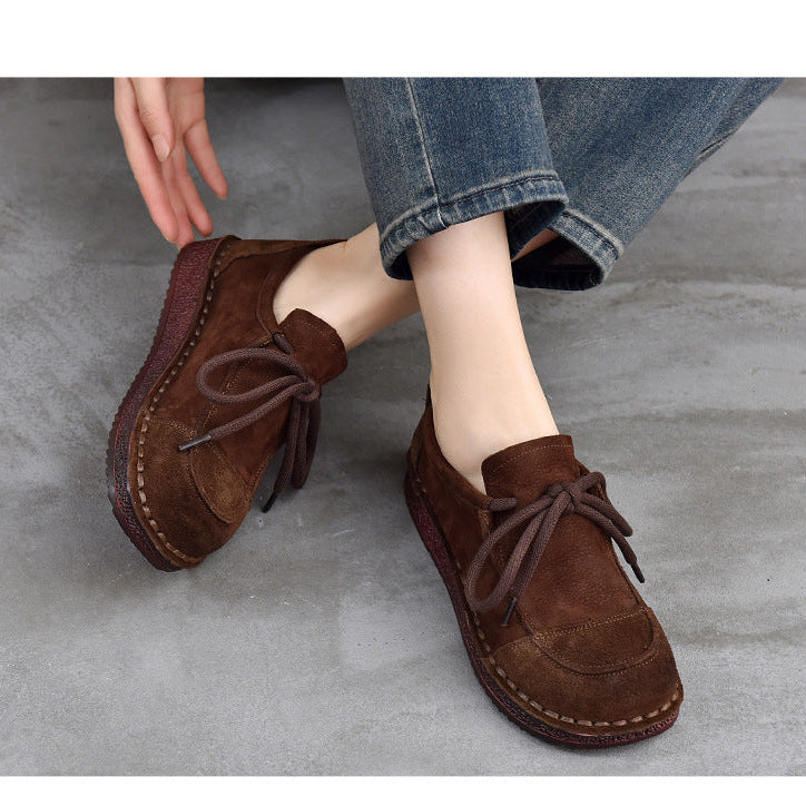 Women's Leather Lace-Up Flat Shoes – Comfortable Patchwork Casual Style
