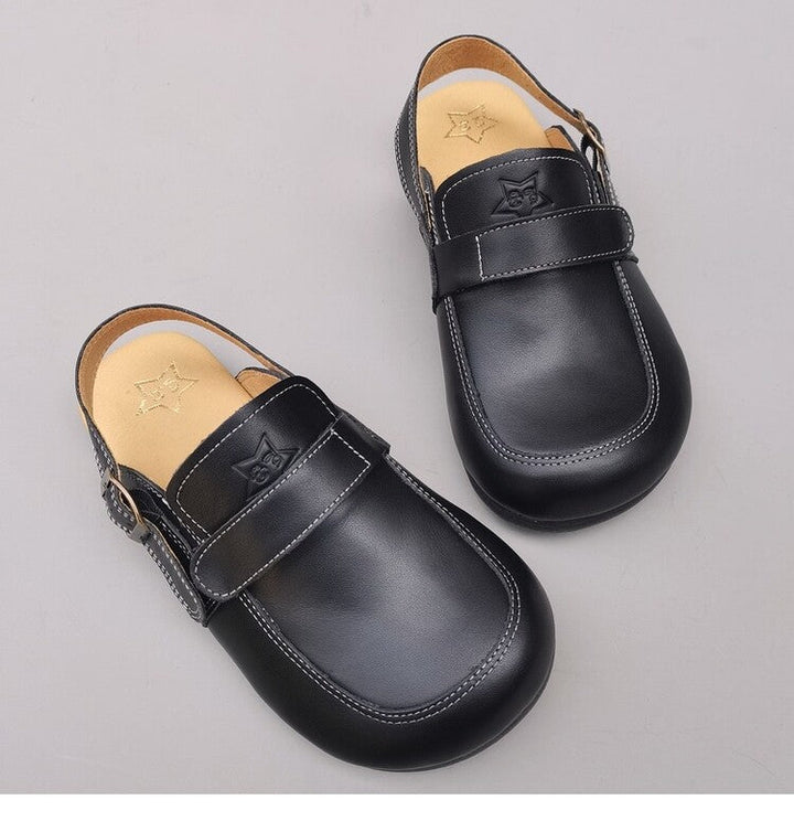 Women's Leather Sandals - Vintage Contrast Stitching Flexible Slip-On Mule Slides with Slingback Strap