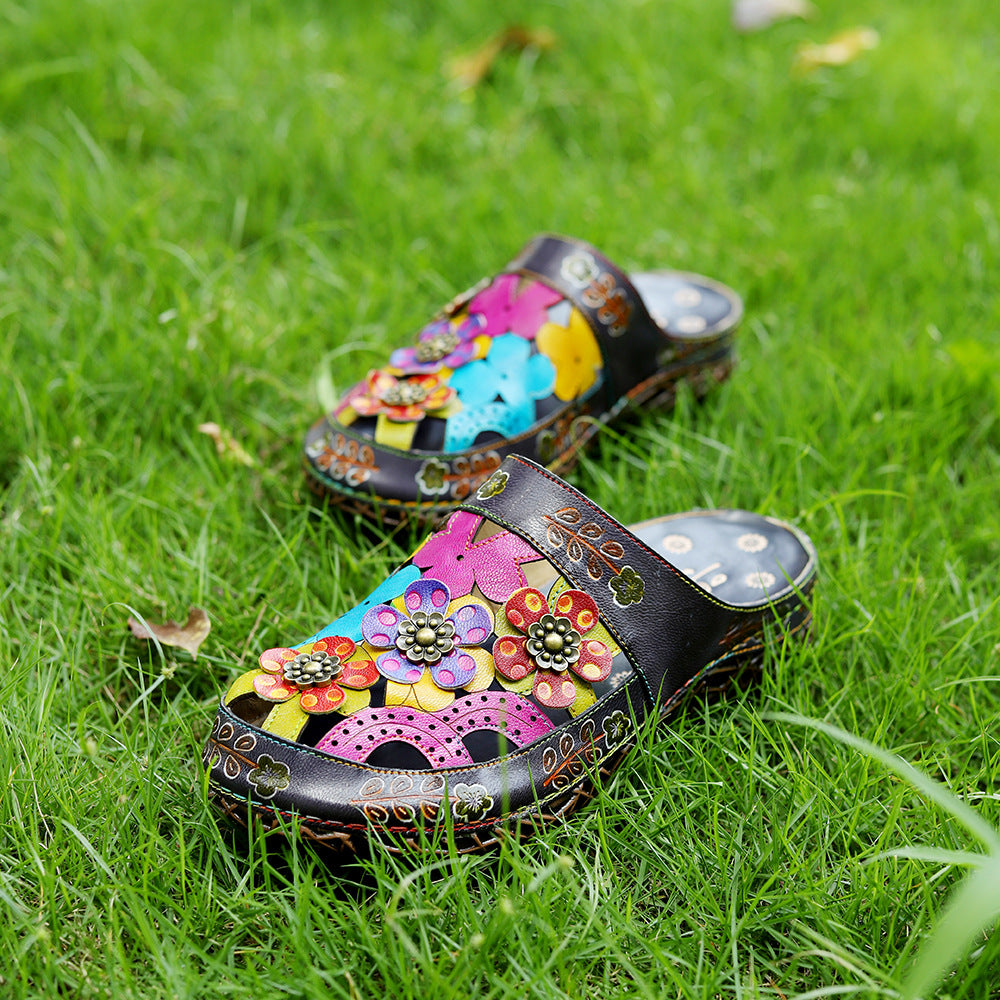 Womens Handmade Tropical Cut-out Leather Sandal Slippers