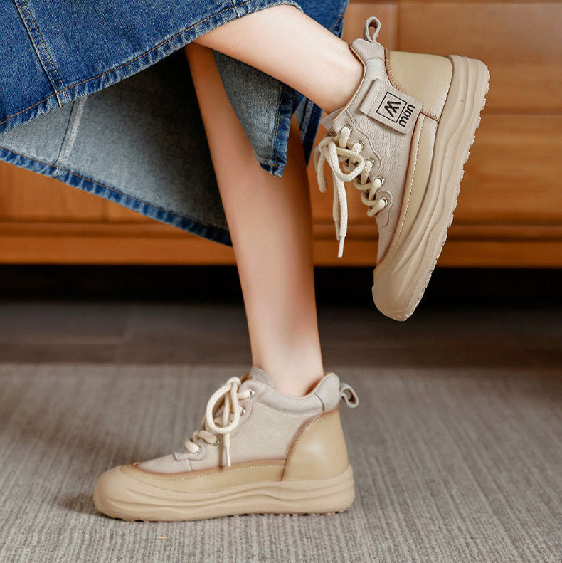 Trendy Women's Leather Platform Sneakers – High-Top Lace-Up Casual Shoes