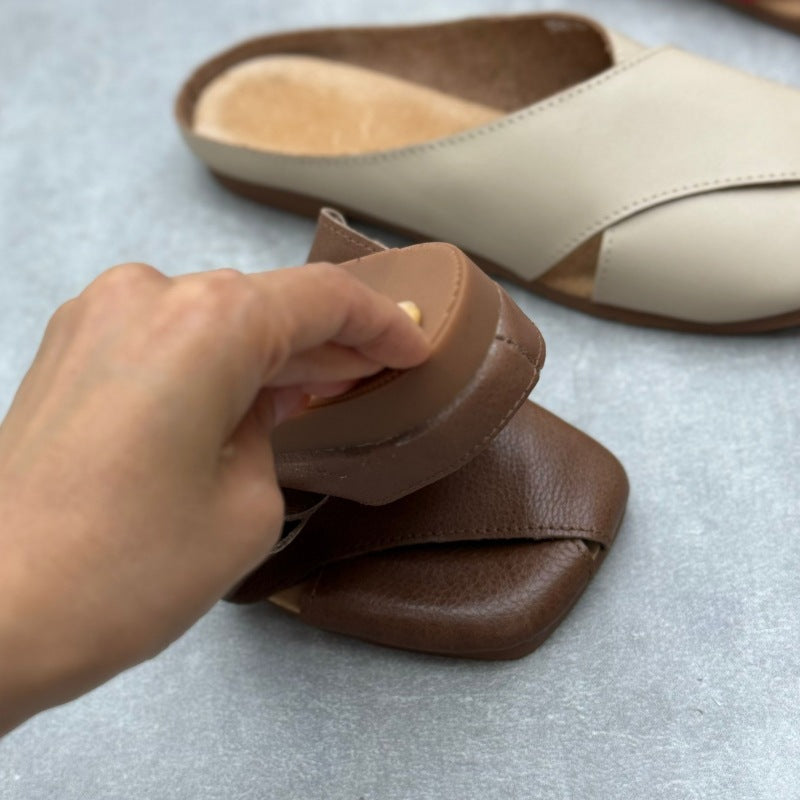Women's Leather Retro Hollow Out Square Toe Mule Shoes