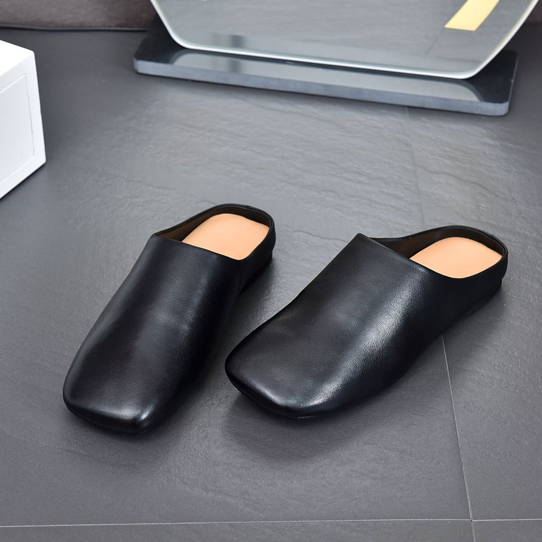 Women's Minimalist Square Toe Leather Slides - Zen Style Summer Mules Flat