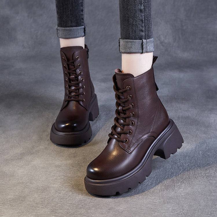 Women's Casual Genuine Leather Platform Boots – Chunky Heel & Side Zip