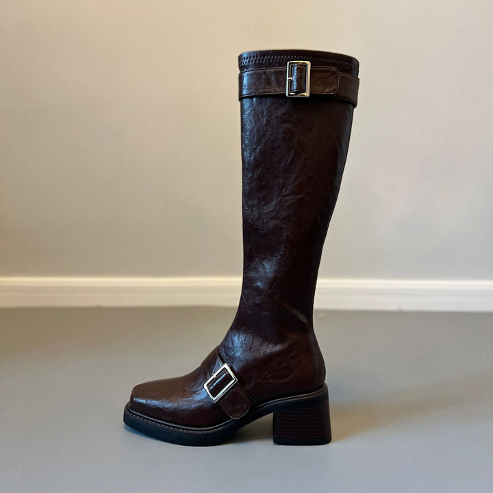 Women's Vintage Knee High Zipper Boots - Square Toe Buckle Strap Chunky Block Heel Riding Boots