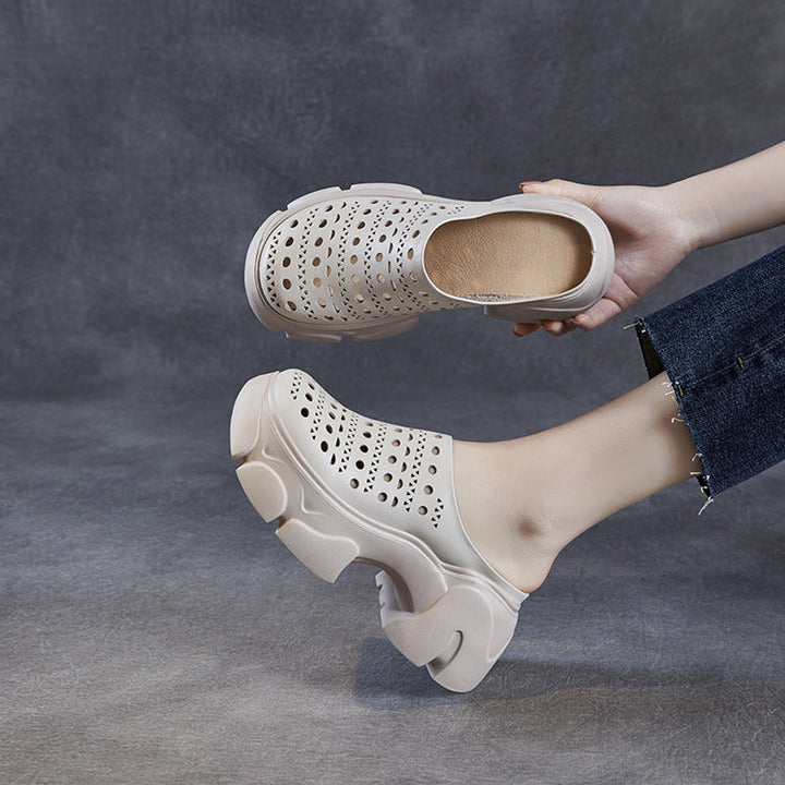 Women's Leather Platform Mules - Hollow Out Perforated Closed Round Toe Chunky Sandals Summer Slides