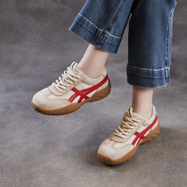 Womens Retro Mesh Running Sneakers Vintage Leather Lace-up Chunky Trainers
