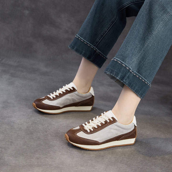 Women's Genuine Leather Hidden Wedge Sneakers Vintage Lace-up Round Toe Casual Shoes