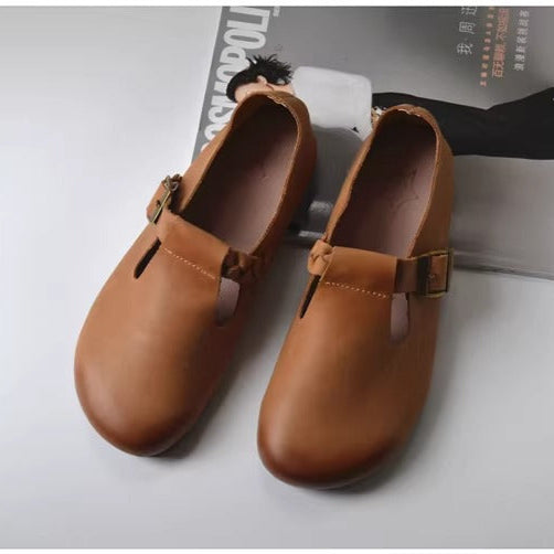 Women's Wide Round-Toe Genuine Leather Soft Flat Casual Shoes