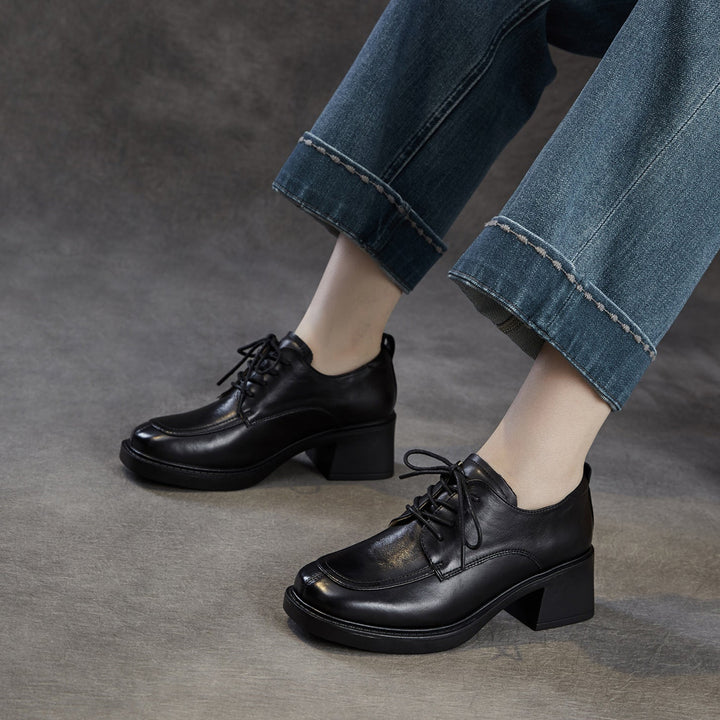 Women's Top-Grain Leather Oxford Shoes Chunky High Heel Lace Up Platform Pumps