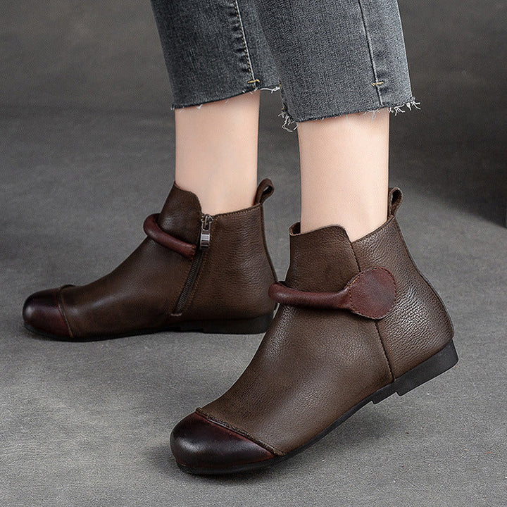 Women's Retro Leather Ankle Boots Vintage Round Toe Velcro Short Booties