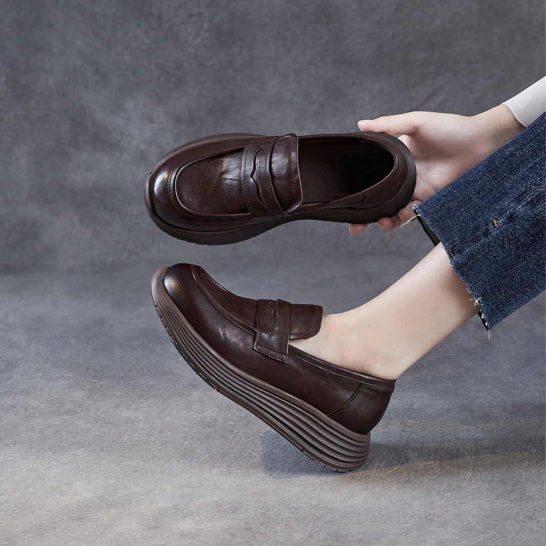 Women’s Leather Slip-On Loafers – Vintage Low Wedge Comfort Shoes