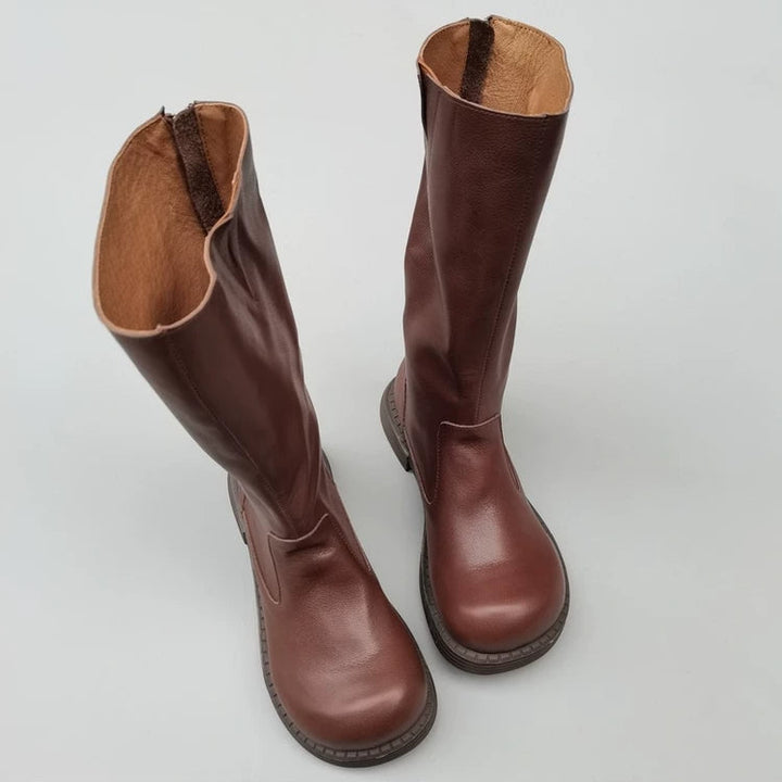 Wide-toe Box Handmade Genuine Leather Women's Mid Calf Boots Black Zipper