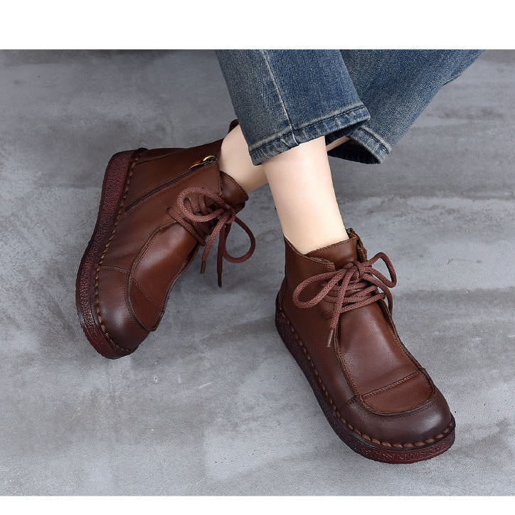 Women's Leather Flat Ankle Boots – Comfortable Casual Lace-Up Zipper Style