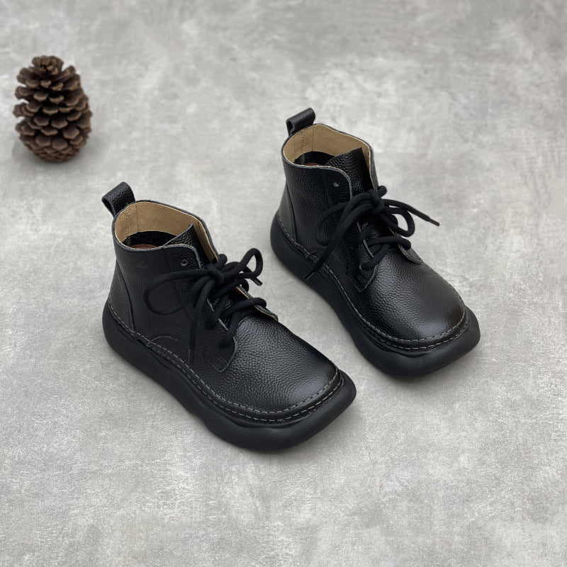 Retro Style Women's Soft Leather Ankle Boots – Platform Lace-Up Short Boots
