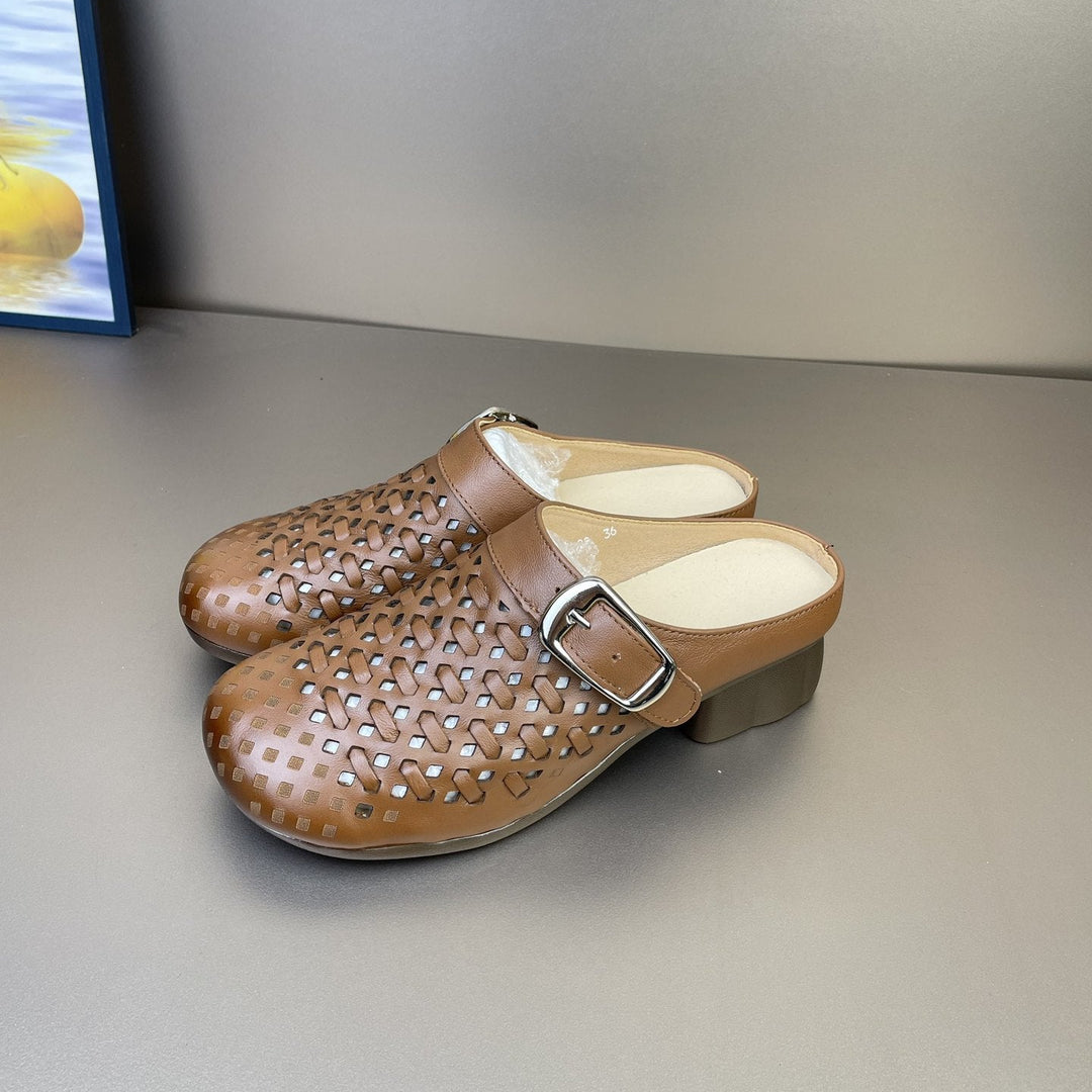 Women's Leather Woven Mules - Hollow Out Perforated Closed Toe Sandals Low Block Chunky Heel Slides with Buckle