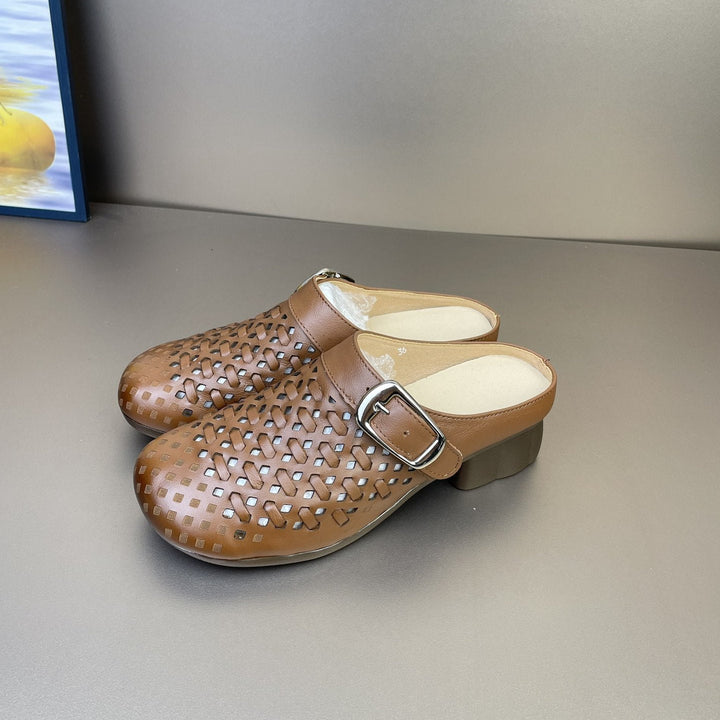 Women's Leather Woven Mules - Hollow Out Perforated Closed Toe Sandals Low Block Chunky Heel Slides with Buckle